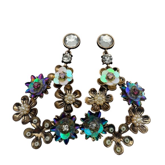 Multicolor Floral Dangle Earrings With Crystals Iridescent Accents Statement - Picture 3 of 3